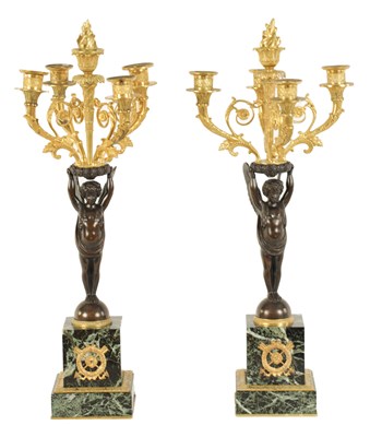 Lot 588 - A FINE PAIR OF LATE 19TH CENTURY BRONZE AND ORMOLU FRENCH EMPIRE STYLE FOUR BRANCH CANDELABRA