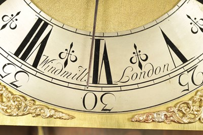 Lot 851 - WINDMILLS, LONDON.  A GEORGE II BURR WALNUT QUARTER CHIMING LONGCASE CLOCK