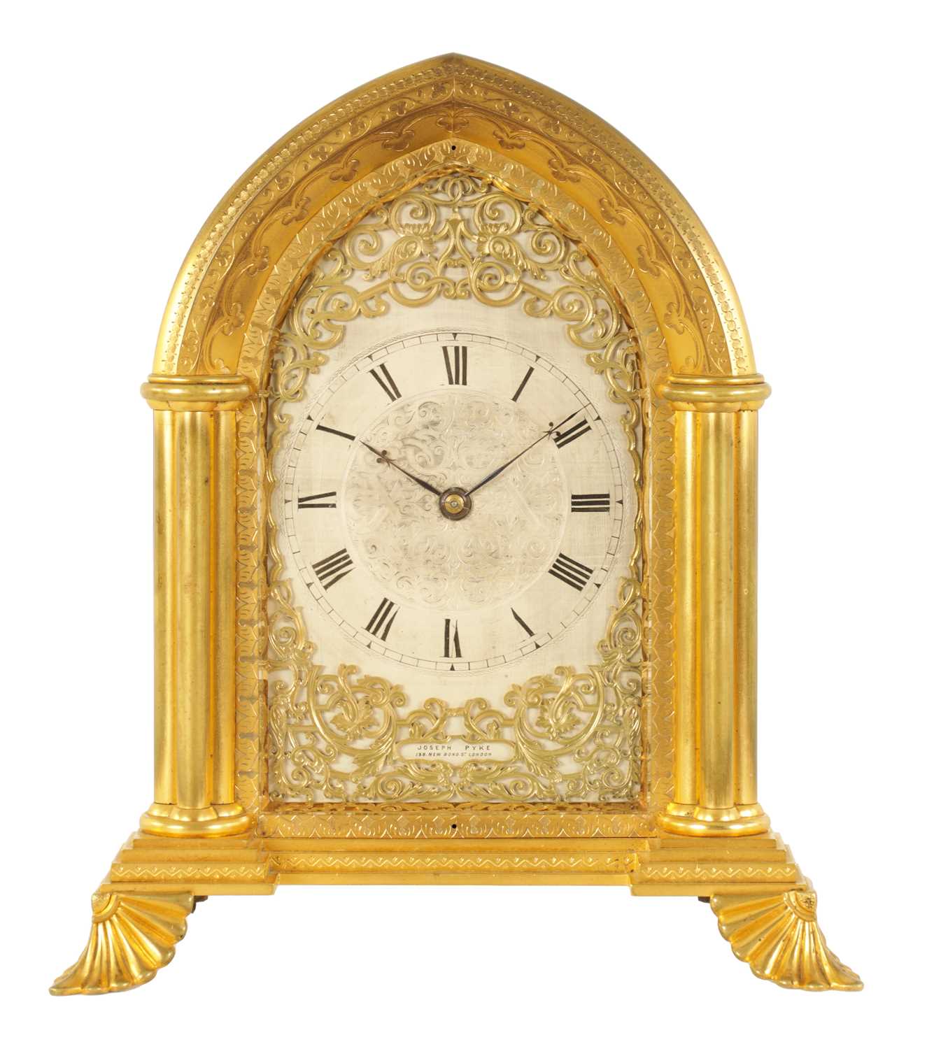 Lot 714 - ATTRIBUTED TO THOMAS COLE.  A FINE GILT BRASS GOTHIC REVIVAL TWIN FUSEE GILT BRASS STRUT CLOCK OF LARGE PROPORTIONS CIRCA 1860