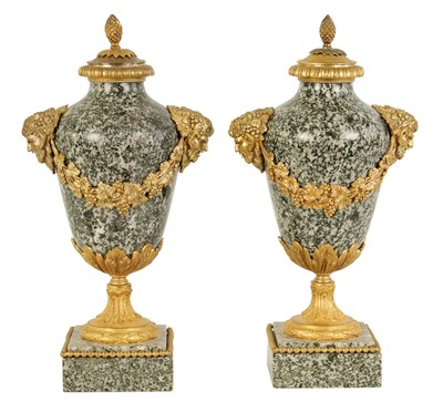 Lot 590 - A PAIR OF 19TH CENTURY FRENCH ORMOLU MOUNTED GREY FLECKED MARBLE CASSOLETTES