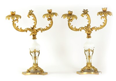 Lot 810 - A PAIR OF 19TH CENTURY TWO BRANCH ORMOLU AND OPAQUE GLASS CANDELABRA