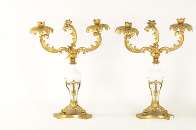 Lot 716 - A PAIR OF 19TH CENTURY TWO BRANCH ORMOLU AND OPAQUE GLASS CANDELABRA