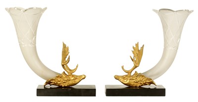 Lot 545 - A PAIR OF 19TH CENTURY GILT BRONZE STAGS-HEAD AND CORNUCOPIA CUT GLASS VASES