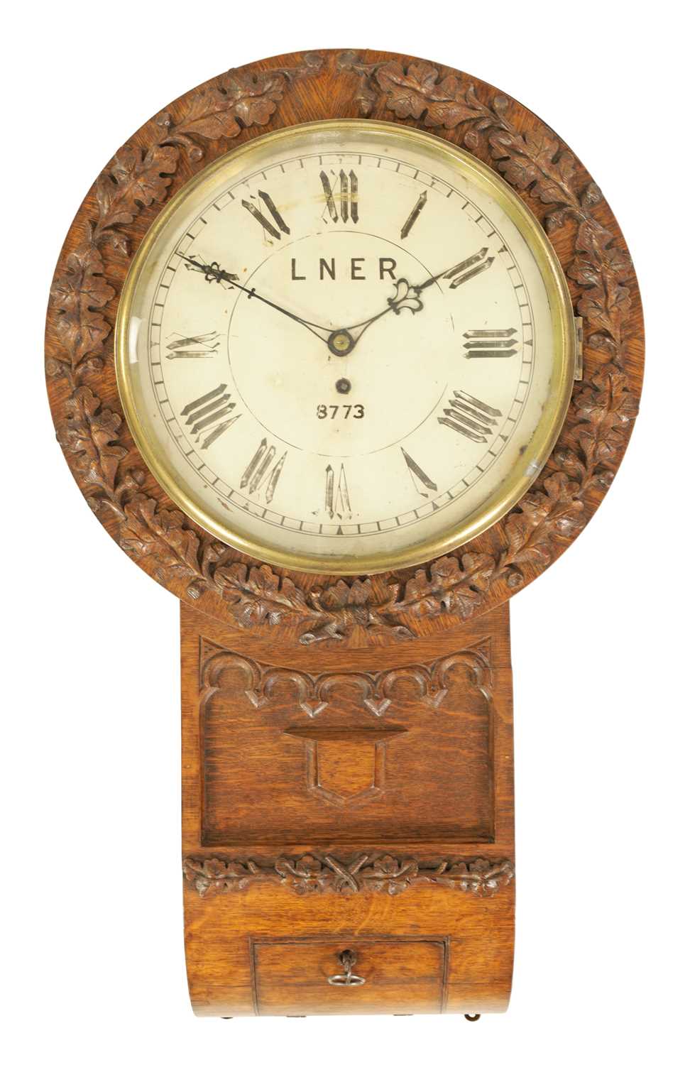 Lot 721 - A 19TH CENTURY OAK FUSEE RAILWAY DROP DIAL WALL CLOCK FOR LNER NUMBER 8773