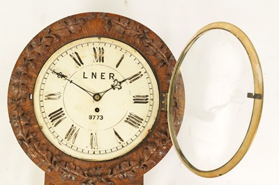 Lot 721 - A 19TH CENTURY OAK FUSEE RAILWAY DROP DIAL WALL CLOCK FOR LNER NUMBER 8773