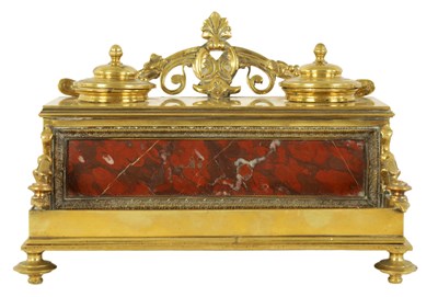 Lot 497 - A 19TH CENTURY BRASS AND ROUGE MARBLE DESK STAND