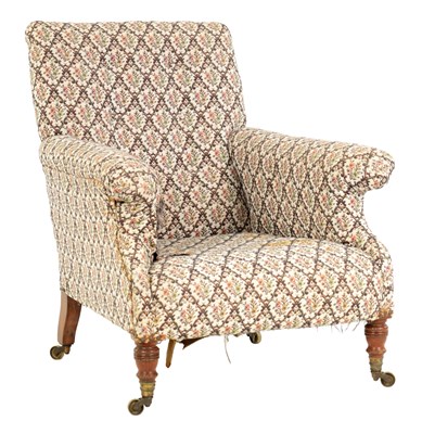 Lot 997 - HOWARD AND SONS. A 19TH CENTURY WALNUT FRAMED UPHOLSTERED ARMCHAIR