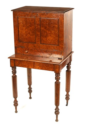 Lot 914 - AN UNUSUAL 19TH CENTURY BURR OAK FREE-STANDING COLLECTORS/WRITING CABINET