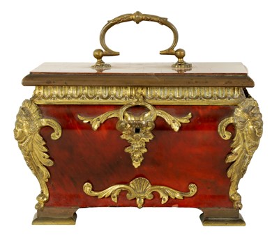 Lot 539 - A 19TH CENTURY FRENCH ORMOLU MOUNTED TORTOISESHELL BOMBE SHAPED JEWELLERY CASKET