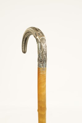 Lot 373 - A LATE 19TH CENTURY RHINOCEROS HORN SILVERED METAL MOUNTED WALKING STICK