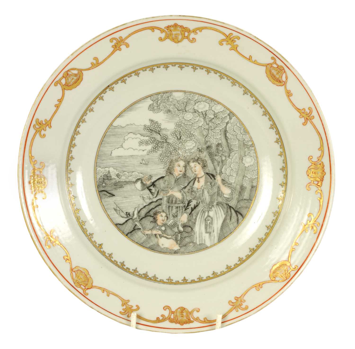 Lot 151 - A MID 18TH CENTURY CHINESE EXPORT PORCELAIN PLATE PAINTED EN GRISAILLE WITH EUROPEAN FIGURAL SCENE TO THE CENTRE