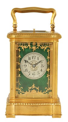 Lot 695 - A LATE 19TH CENTURY FRENCH GILT BRASS AND GUILLOCHE EMERALD ENAMEL REPEATING CARRIAGE CLOCK