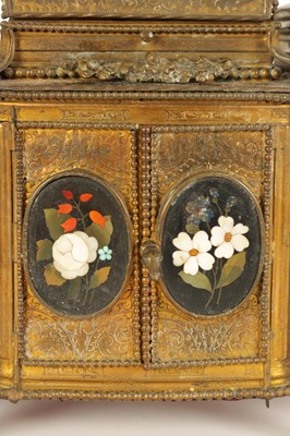 Lot 570 - A 19TH CENTURY FRENCH ENGRAVED GILT BRASS AND PIETRA DURA PANELLED DRESSING TABLE JEWELLERY CABINET