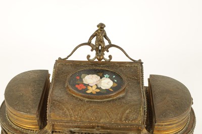 Lot 570 - A 19TH CENTURY FRENCH ENGRAVED GILT BRASS AND PIETRA DURA PANELLED DRESSING TABLE JEWELLERY CABINET