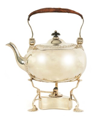 Lot 320 - AN EDWARD VII SILVER TEA KETTLE ON STAND OF GEORGE I DESIGN