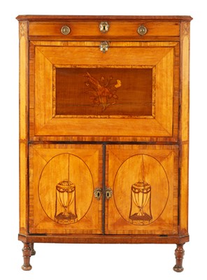 Lot 907 - A GEORGE III MARQUETRY INLAID SATINWOOD AND KING WOOD CROSS-BANDED FALL FRONT SECRETAIRE CABINET IN THE MANNER OF MAYHEW AND INCE