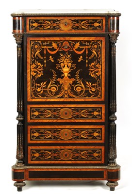 Lot 863 - A 19TH CENTURY FRENCH EBONISED AND KINGWOOD CROSS-BANDED MARQUETRY INLAID FALL FRONT SECRETAIRE CABINET