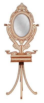 Lot 155 - AN EARLY 20TH CENTURY ANGLO INDIAN HARDWOOD AND BONE MARQUETRY INLAID ADJUSTABLE DRESSING MIRROR ON STAND