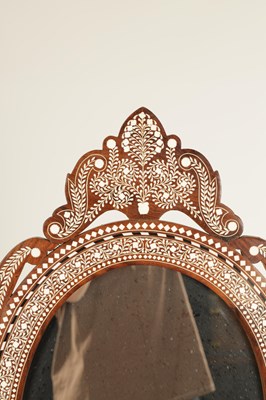 Lot 155 - AN EARLY 20TH CENTURY ANGLO INDIAN HARDWOOD AND BONE MARQUETRY INLAID ADJUSTABLE DRESSING MIRROR ON STAND