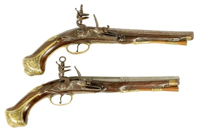 Lot 680 - I.H. DEOP, RIPOLL. A PAIR OF 18TH CENTURY BRASS MOUNTED SPANISH FLINTLOCK PISTOLS