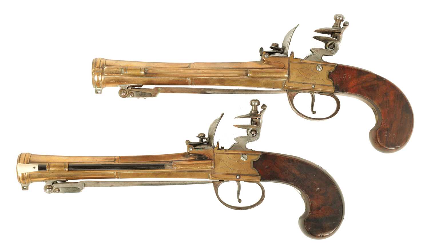 Lot 681 - WHEELER. A GOOD PAIR OF EARLY 19TH CENTURY BRONZE FRAMED BOXLOCK  BLUNDERBUSS PISTOLS WITH UNDER FLICK BAYONETS