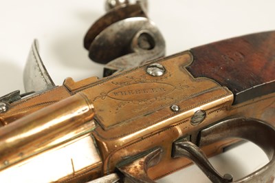 Lot 681 - WHEELER. A GOOD PAIR OF EARLY 19TH CENTURY BRONZE FRAMED BOXLOCK  BLUNDERBUSS PISTOLS WITH UNDER FLICK BAYONETS