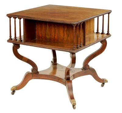 Lot 899 - AN UNUSUAL 19TH CENTURY LOW-WAISTED FIGURED ROSEWOOD OPEN BOOKCASE /OCCASIONAL TABLE