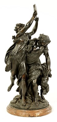 Lot 605 - AFTER CLAUDE MICHEL CLODION (1738-1814). A LARGE 19TH CENTURY PATINATED BRONZE BACCHANALIAN  FIGURE GROUP