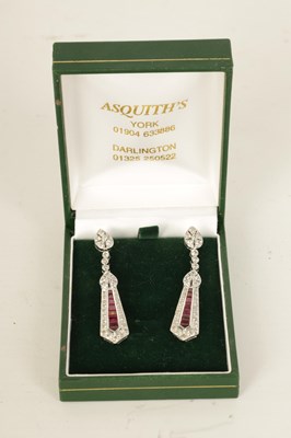 Lot 245 - A PAIR OF ART DECCO STYLE 18CT WHITE GOLD, RUBY AND DIAMOND PENDANT DROP EARRINGS