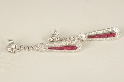 Lot 245 - A PAIR OF ART DECCO STYLE 18CT WHITE GOLD, RUBY AND DIAMOND PENDANT DROP EARRINGS