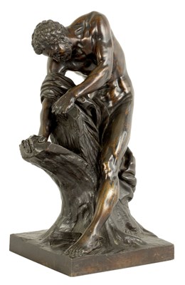 Lot 555 - A 19TH CENTURY BROWN PATINATED 'MILO OF CROTON' BRONZE SCULPTURE AFTER EDME DUMONT (1722 - 1775)