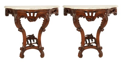 Lot 897 - A PAIR OF 19TH CENTURY FRENCH ROCOCO STYLE WALNUT CONSOLE TABLES