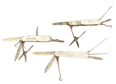 Lot 623 - A COLLECTION OF THREE MOTHER-OF-PEARL MULTI BLADE FOLDING KNIVES