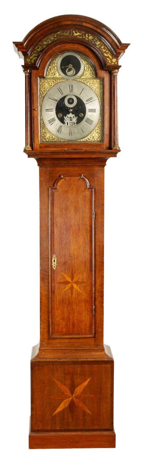 Lot 822 - DANIEL SEDDON, FRODSHAM. A RARE MID 18TH CENTURY INLAID OAK THREE TRAIN GRAND SONNERIE LONGCASE CLOCK