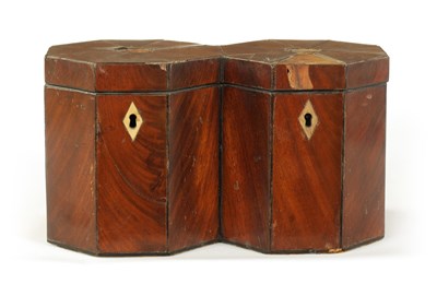 Lot 470 - AN UNUSUAL LATE GEORGIAN JOINED DOUBLE OCTAGONAL CANNISTER MAHOGANY AND EBONY LINED TEA CADDY