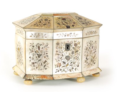 Lot 472 - A 19TH CENTURY INLAID MOTHER OF PEARL TEA CADDY WITH CANTED ANGLED FRONT