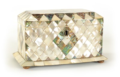 Lot 471 - A 19TH CENTURY BOW-FRONTED PARQUETRY INLAID MOTHER-OF-PEARL TEA CADDY