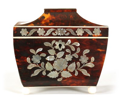 Lot 476 - A REGENCY TORTOISESHELL AND MOTHER-OF-PEARL INLAID PAGODA TOP TEA CADDY