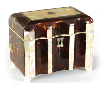 Lot 461 - A 19TH CENTURY TORTOISESHELL AND MOTHER-OF-PEARL PANELLED SHAPED FRONT TEA CADDY