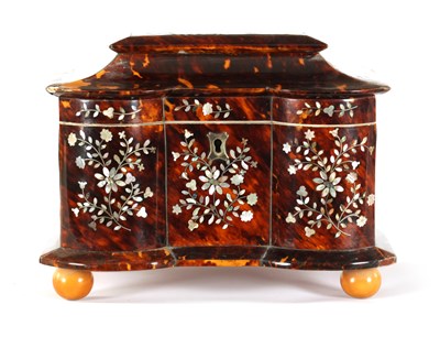 Lot 473 - A 19TH CENTURY INVERTED DOUBLE BOW-SIDED TORTOISESHELL AND MOTHER-OF-PEARL INLAID TEA CADDY