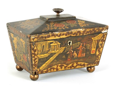 Lot 468 - A LATE GEORGIAN CHINOISERIE DECORATED BLACK LACQUER SARCOPHAGUS TEA CADDY