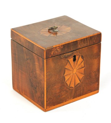 Lot 456 - A GEORGE III BURR YEW-WOOD AND BOXWOOD STRUNG INLAID SQUARE TEA CADDY