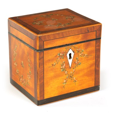 Lot 465 - A GEORGE III SHERATON DESIGN PAINTED SATINWOOD TEA CADDY