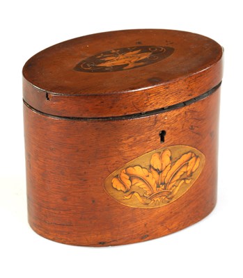 Lot 458 - A GEORGE III OVAL INLAID MAHOGANY TEA CADDY