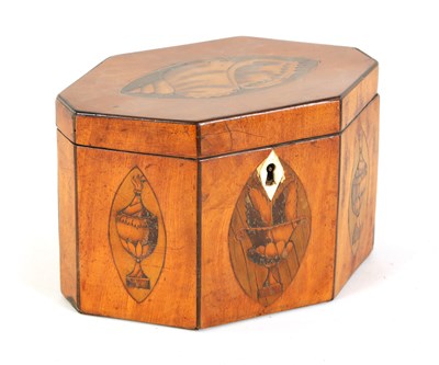 Lot 464 - A GEORGE III SATINWOOD OCTAGONAL SHAPED SHELL-INLAID TEA CADDY