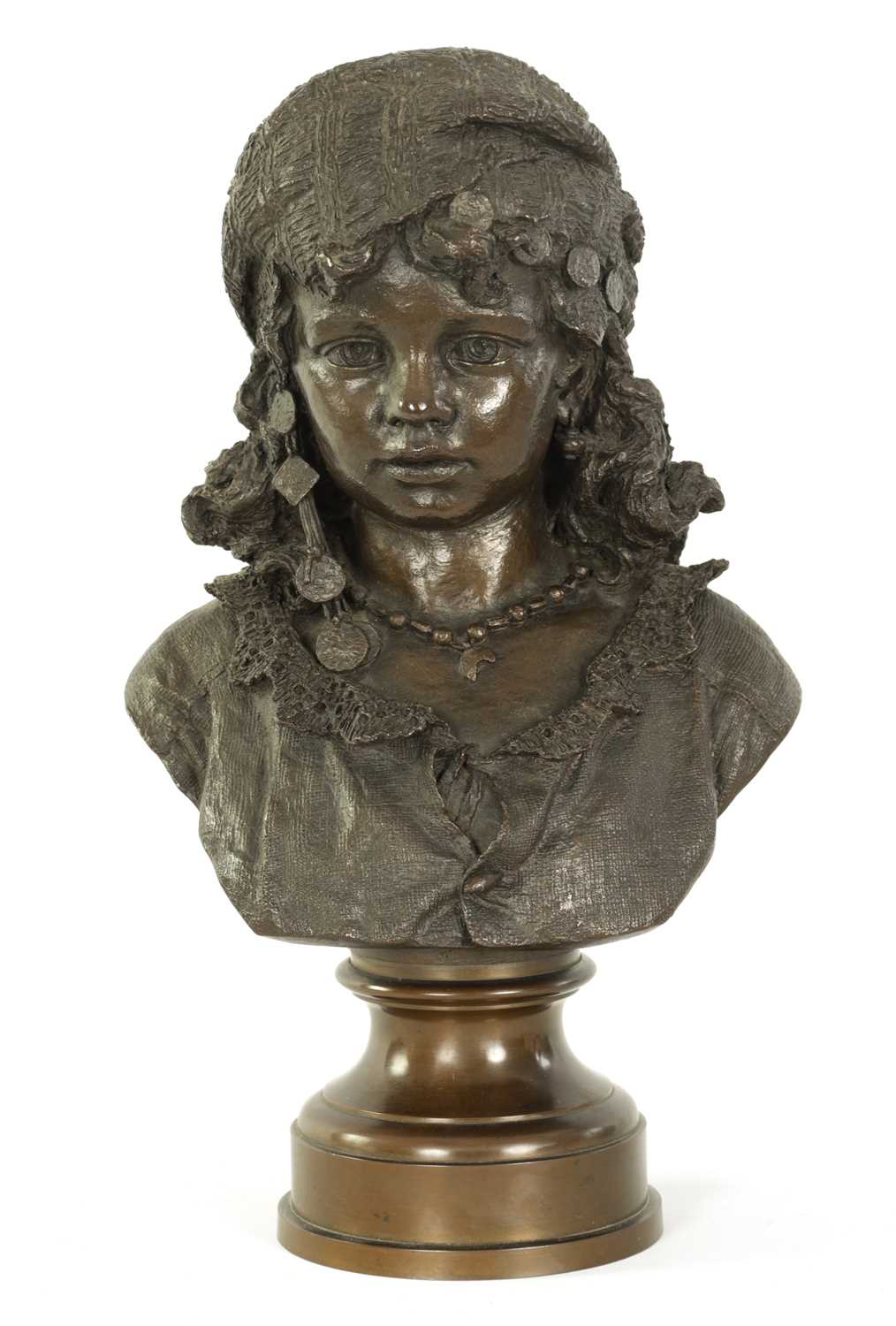 Lot 460 - JOHANN POLLAK (GERMAN born 1845) A LATE 19TH CENTURY BRONZE BUST OF A NEOPOLITAN GIRL