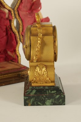 Lot 816 - A SMALL LATE 19TH CENTURY FRENCH ORMOLU AND GREEN MARBLE  MANTEL CLOCK