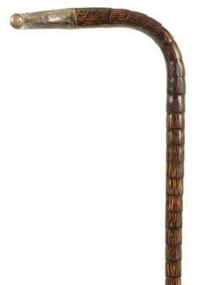 Lot 369 - AN EARLY 20TH CENTURY FAUX BAMBOO HAREWOOD SILVER TOPPED WALKING STICK