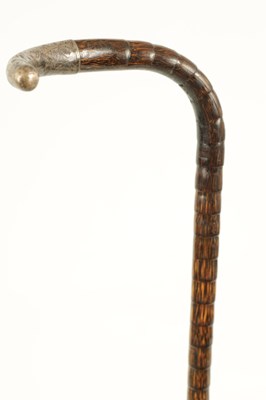 Lot 369 - AN EARLY 20TH CENTURY FAUX BAMBOO HAREWOOD SILVER TOPPED WALKING STICK