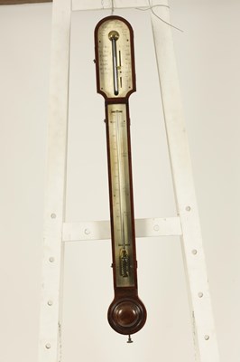 Lot 852 - JAMES LONG, ROYAL EXCHANGE, LONDON.  A GEORGE III MAHOGANY STICK BAROMETER/THERMOMETER
